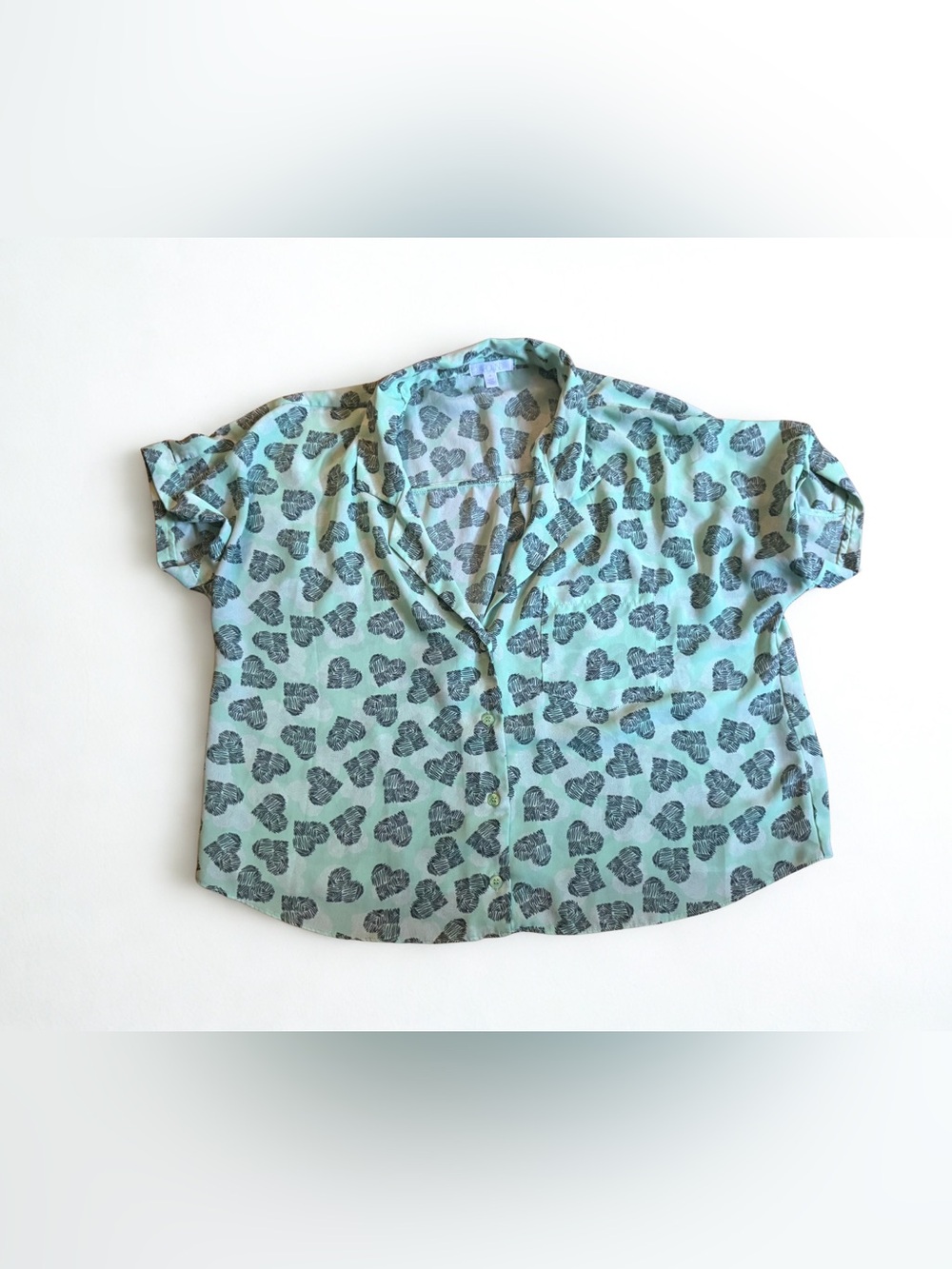 Abound Mint Green Heart Print Blouse Size Medium | Short Sleeve Button Front Top
